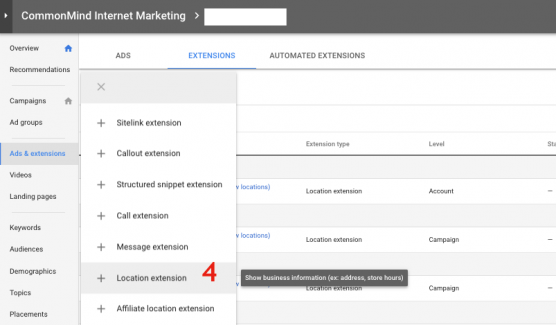 Selecting Location Extension in Ads