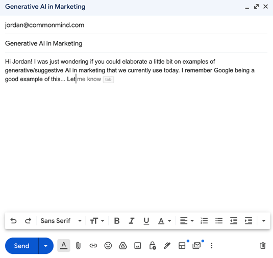 An example of generative text suggestions in Gmail.