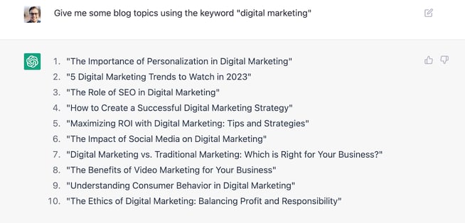 Examples of potential digital marketing topics generated by ChatGPT. 